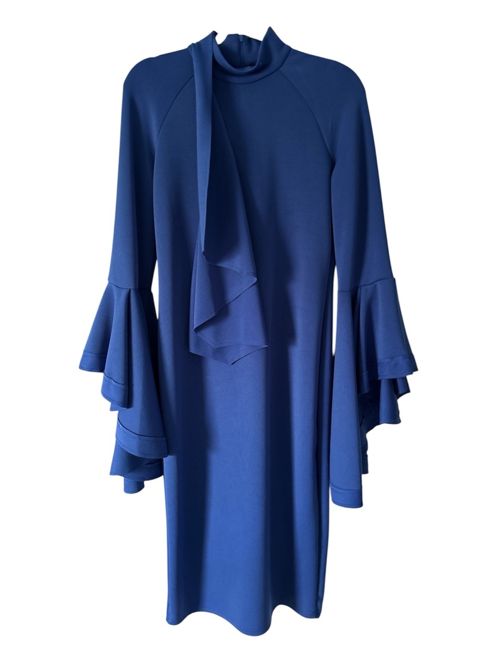 Elegant Royal Blue Long-Sleeve Tie Neck Dress with Layered Ruffle Cuffs